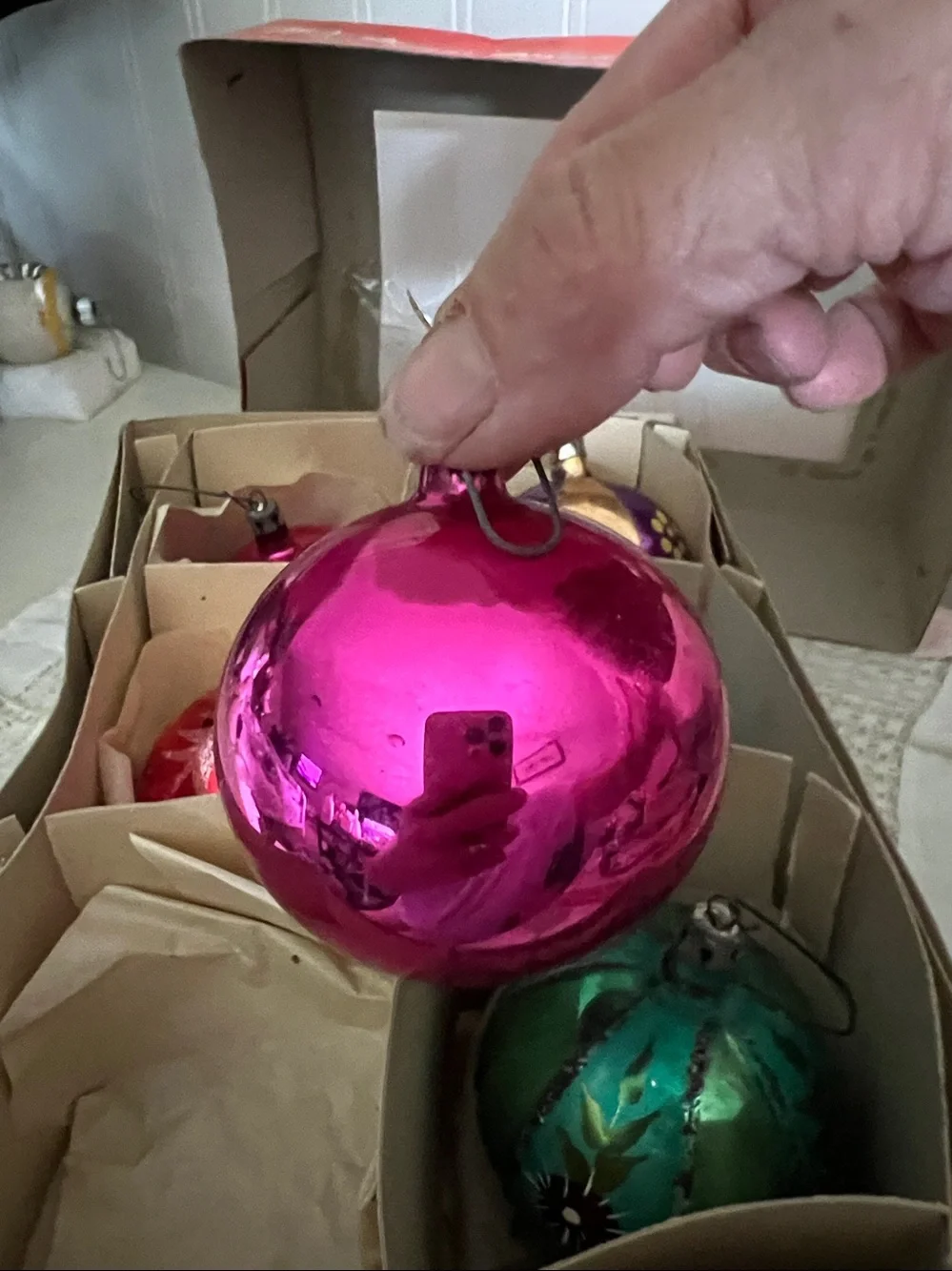 Mixed Lot Vintage Mercury Glass Ornaments hot pink & decorated mica